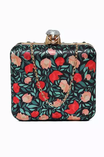 Black customised floral embroidered clutch