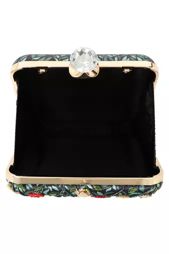 Black customised floral embroidered clutch