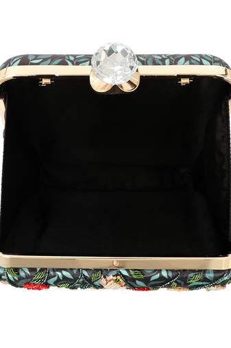 Black customised floral embroidered clutch