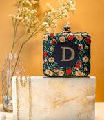 Black customised floral embroidered clutch