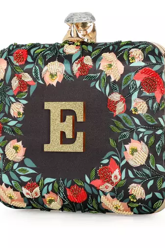 Black floral embroidered customised ' E ' clutch