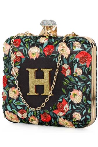 Black customised floral embroidered clutch