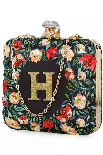Black customised floral embroidered clutch