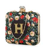 Black customised floral embroidered clutch