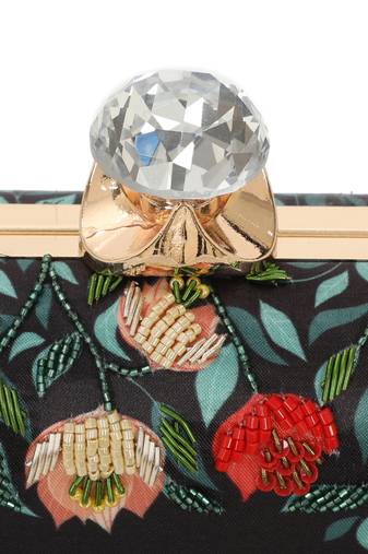 Black customised floral embroidered clutch