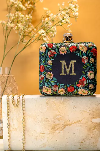 Black customised floral embroidered clutch