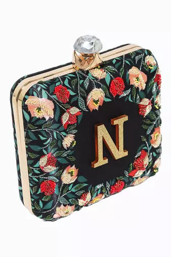 Black floral embroidered customised 'N' clutch