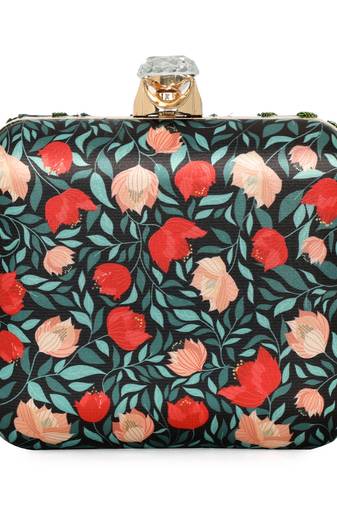 Black customised floral embroidered clutch