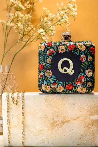 Black floral embroidered customised 'Q' clutch