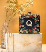 Black floral embroidered customised 'Q' clutch