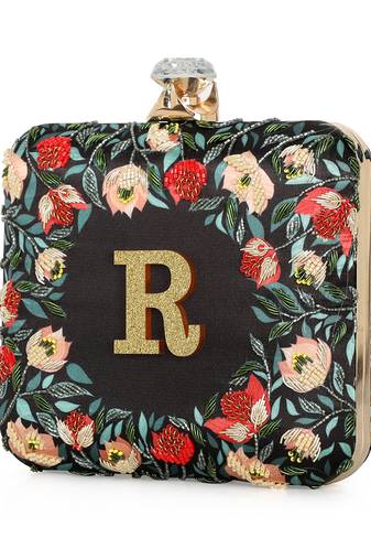 Black customised floral embroidered clutch