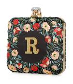 Black customised floral embroidered clutch