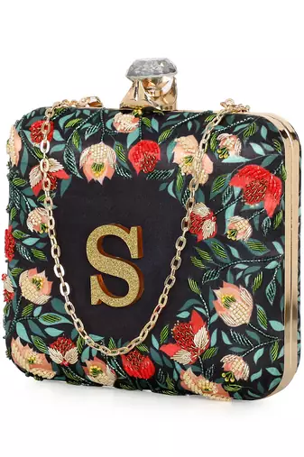 Black customised floral embroidered clutch