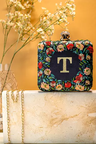 Black floral embroidered customised 'T' clutch