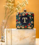 Black floral embroidered customised 'T' clutch