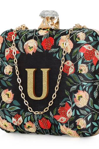 Black floral embroidered customised 'U' clutch