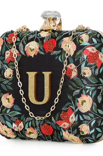 Black floral embroidered customised 'U' clutch