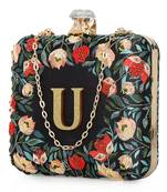 Black floral embroidered customised 'U' clutch