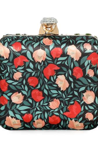 Black customised floral embroidered clutch