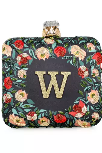 Black customised floral embroidered clutch