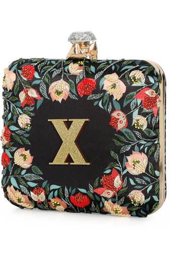 Black floral embroidered customised ' X' clutch