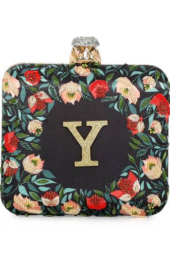 Black customised floral embroidered clutch