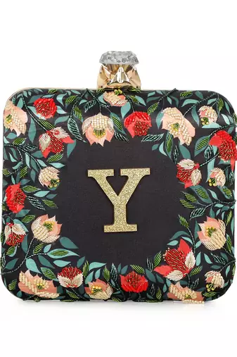 Black customised floral embroidered clutch
