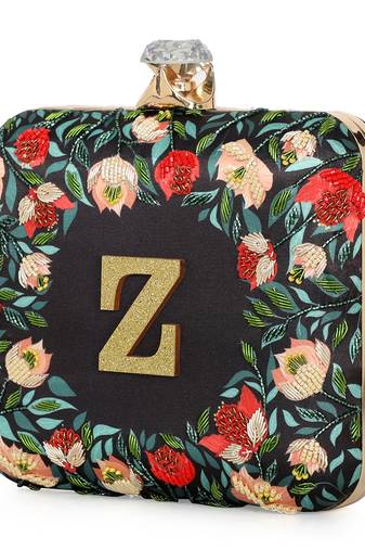 Black customised floral embroidered clutch