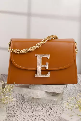 Tan customised 'e' leather clutch