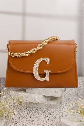 Tan customised 'g' leather clutch