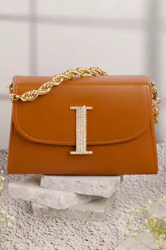 Tan customised 'i' leather clutch