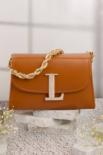 Tan customised 'l' leather clutch