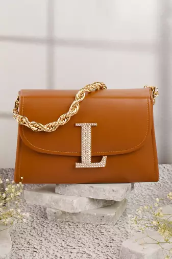 Tan customised 'l' leather clutch