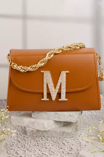 Tan customised 'm' leather clutch