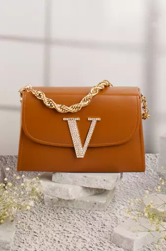 Tan customised 'v' leather clutch