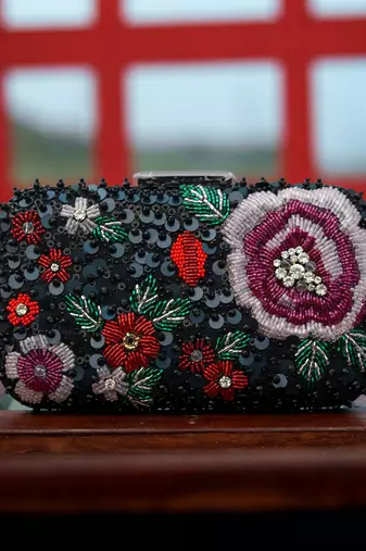 Black floral embroidered clutch