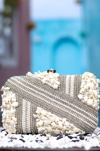 White beads embroidered clutch