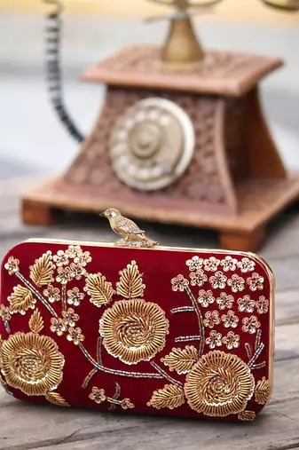 Maroon floral embroidered clutch