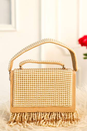 Beige pearl embroidered clutch