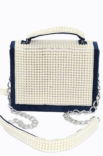 Navy blue pearl embroidered clutch