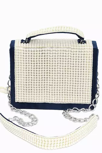 Navy blue pearl embroidered clutch