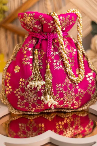 Pink sequin embroidered potli bag