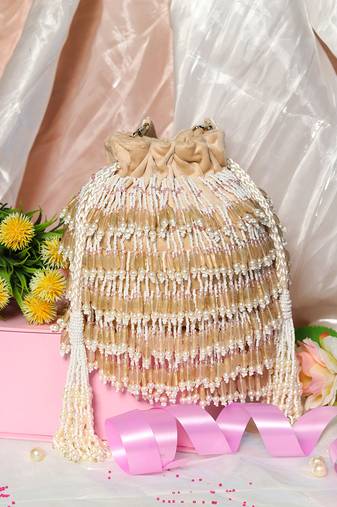 Beige pearl embroidered potli bag
