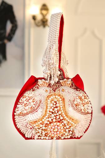 Maroon pearl embroidered potli bag