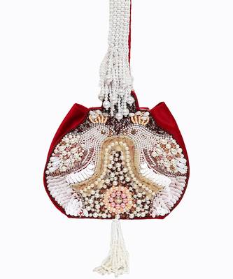 Maroon pearl embroidered potli bag 4