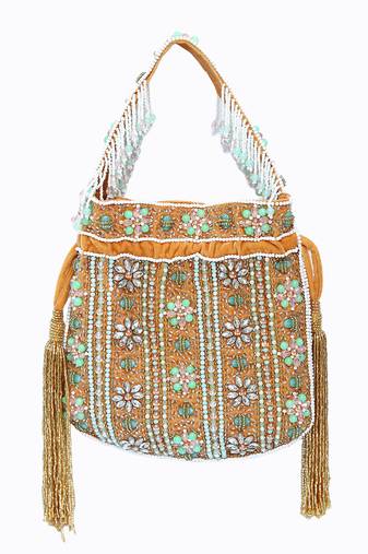 Dark Beige  floral embroidered potli bag