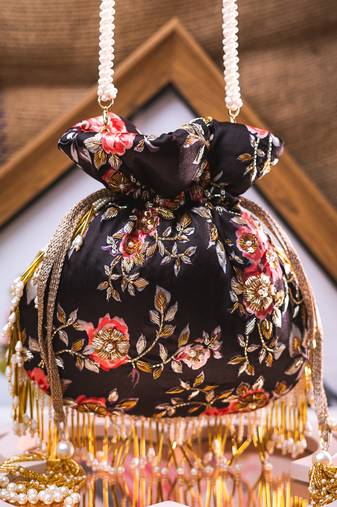 Black floral embroidered potli bag