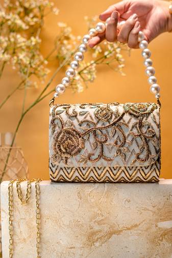 Gold floral embroidered clutch