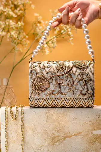Gold floral embroidered clutch