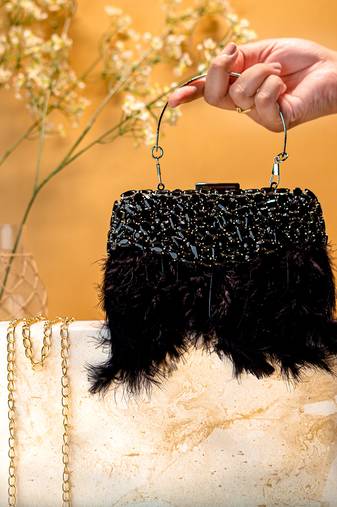 Black stone embroidered clutch